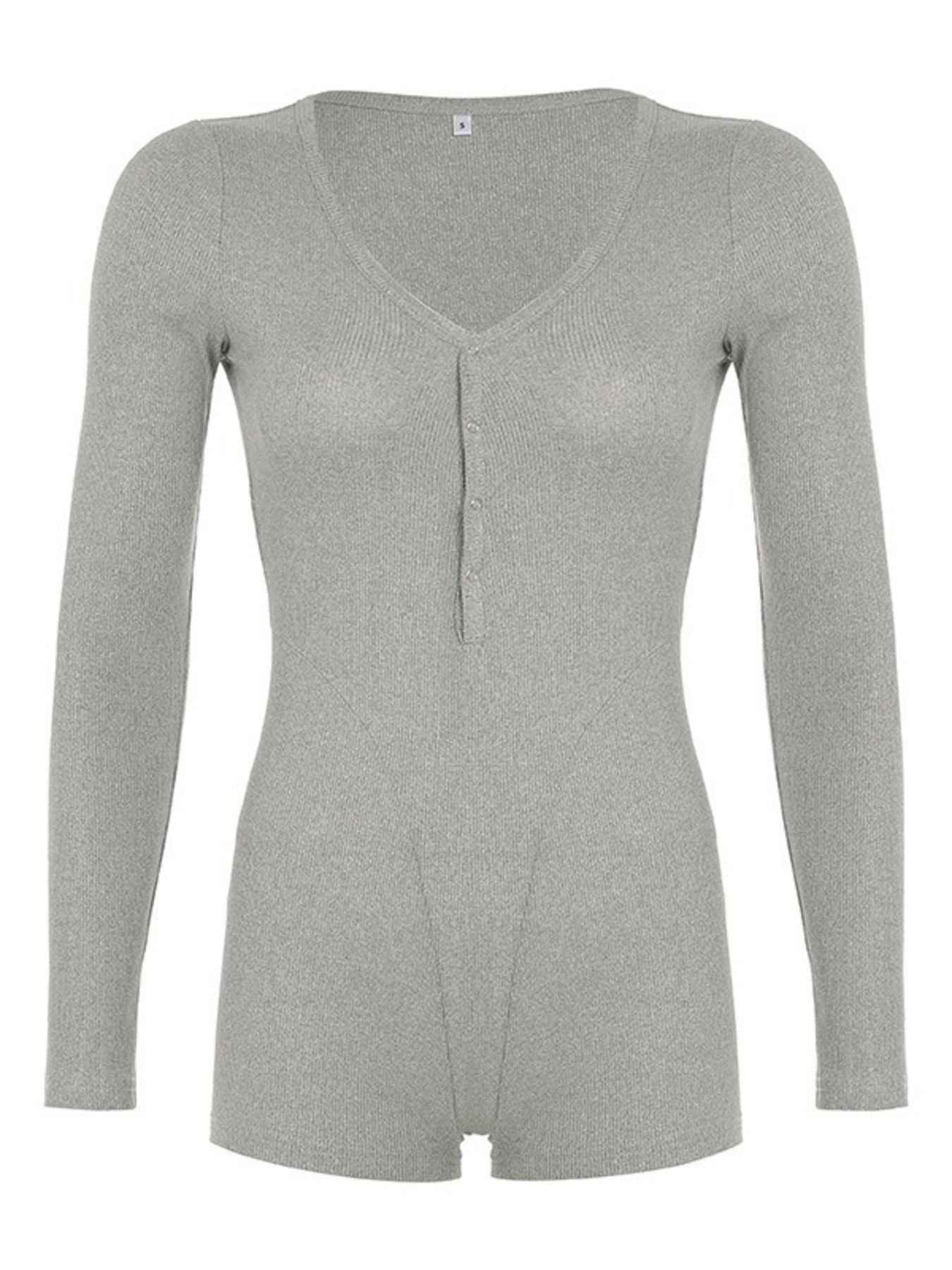 Deep V-Neck Ribbed Romper - Long Sleeve Button Front