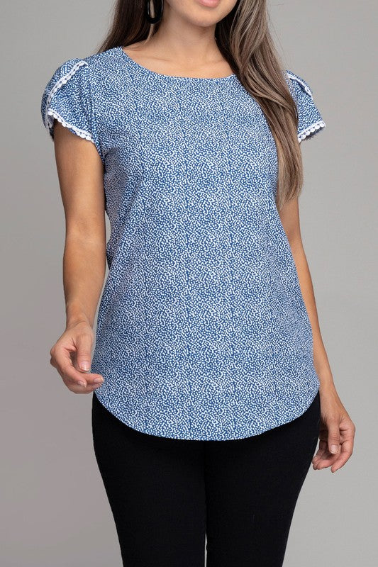 Petal Sleeve Satin Top with Lace Trim