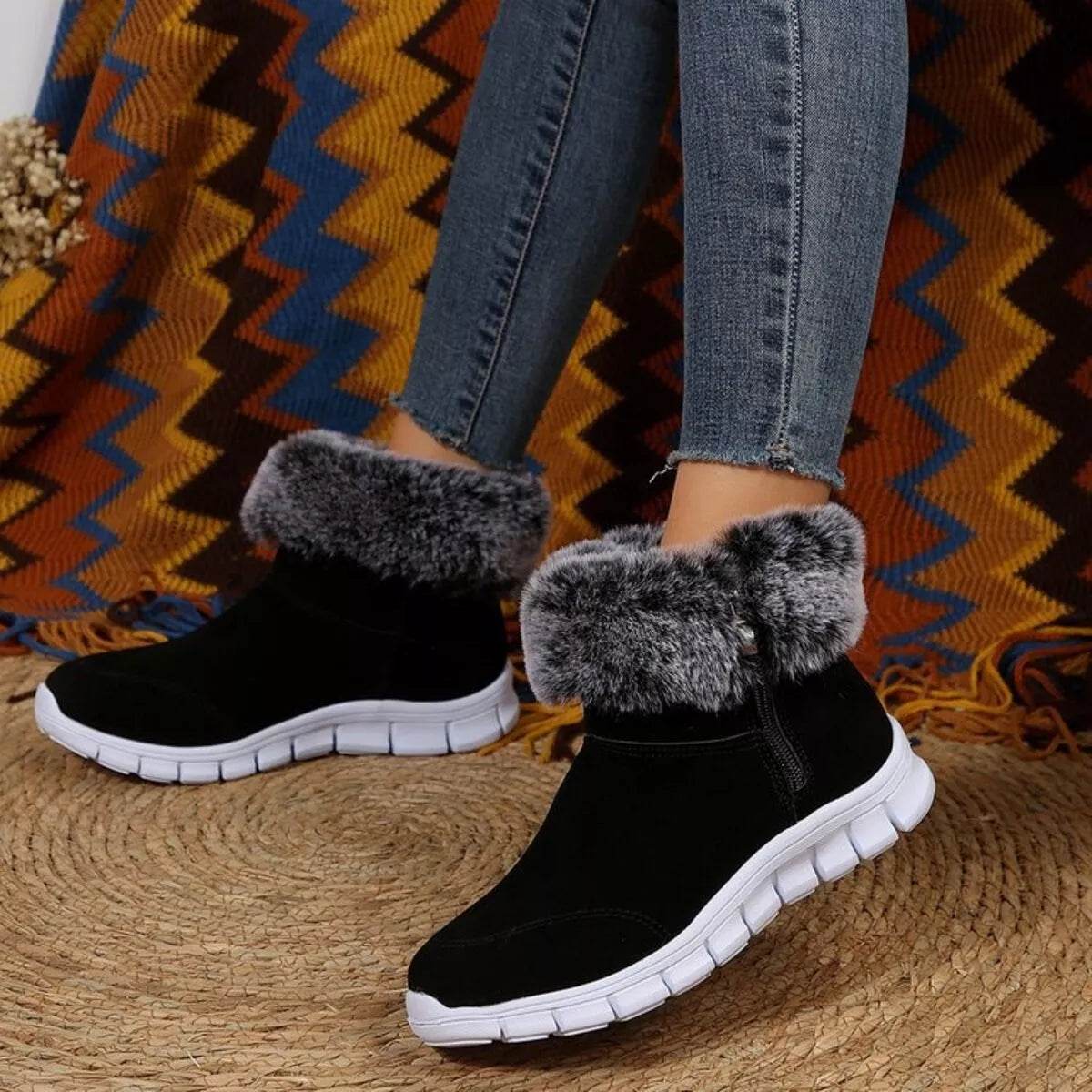 Side Zip Faux Fur Boots - Cozy Low Heel Winter Boots - Fashions Envy