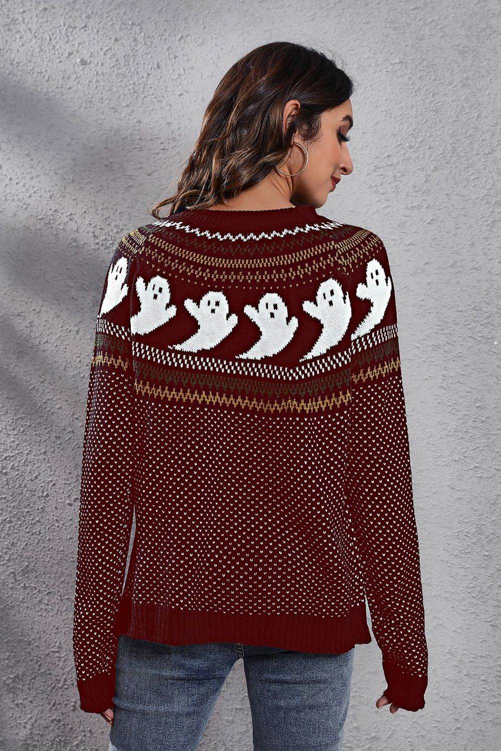 Ghost Pattern Round Neck Long Sleeve Sweater - Fashions Envy