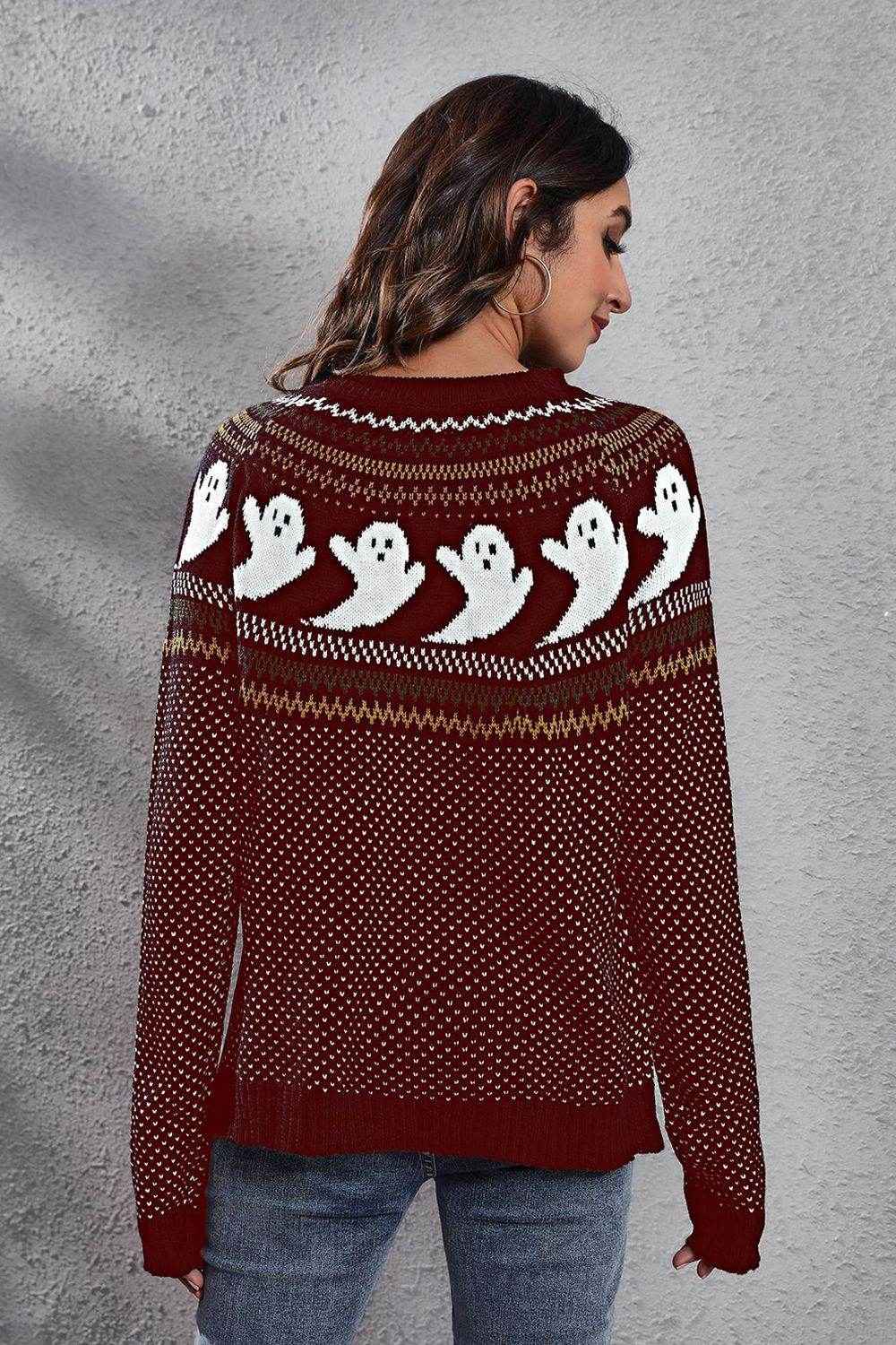 Ghost Pattern Round Neck Long Sleeve Sweater