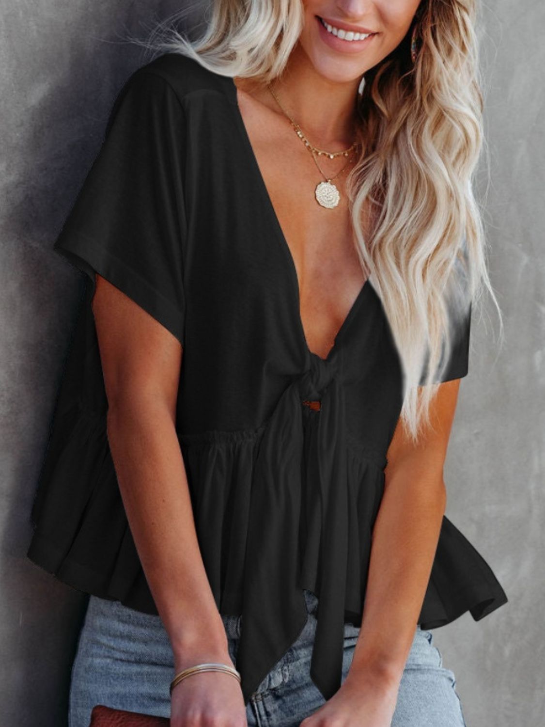 Tied Plunge V-neck Short Sleeve Blouse