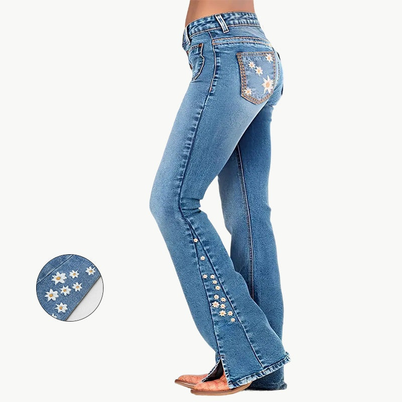 High-Waist Star Patch Slit Leg Jeans - Y2K Retro Denim