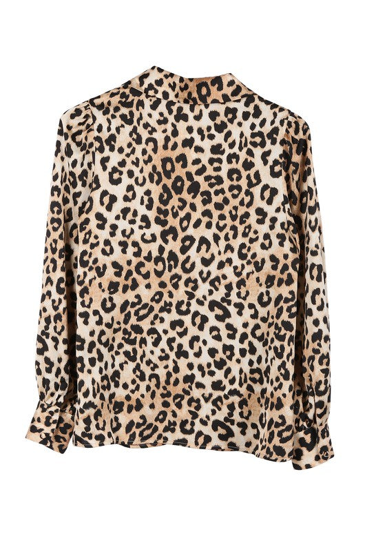 Satin Long Sleeve Leopard Blouse