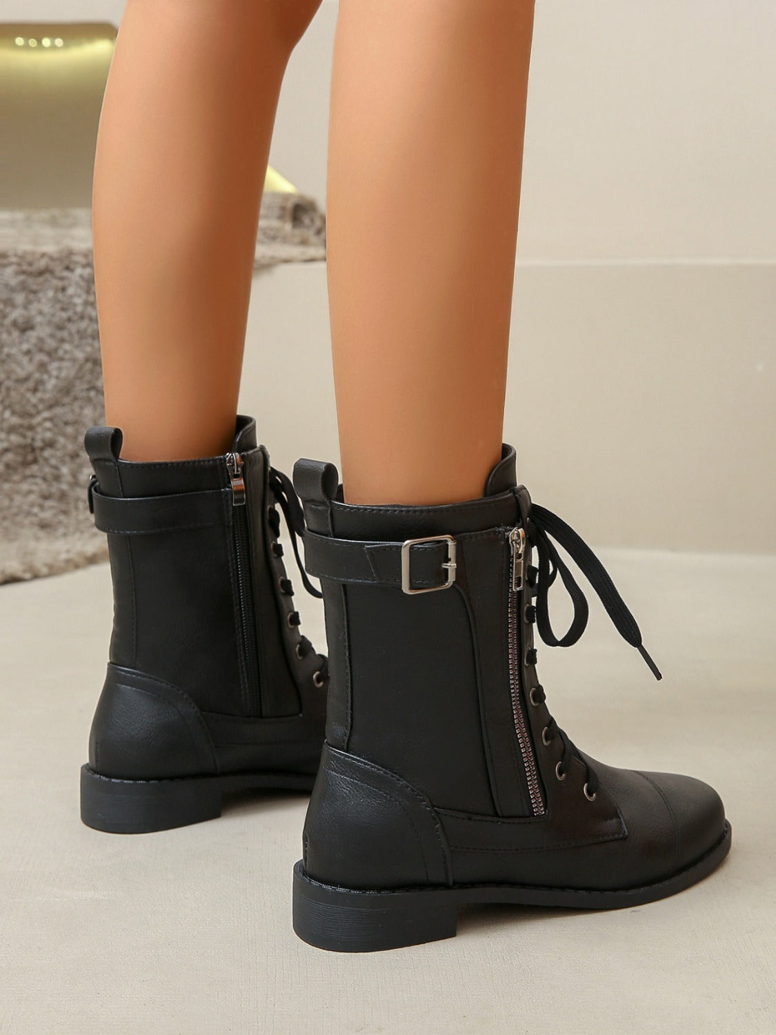 PU Leather Lace-Up Low Heel Zipper Boots