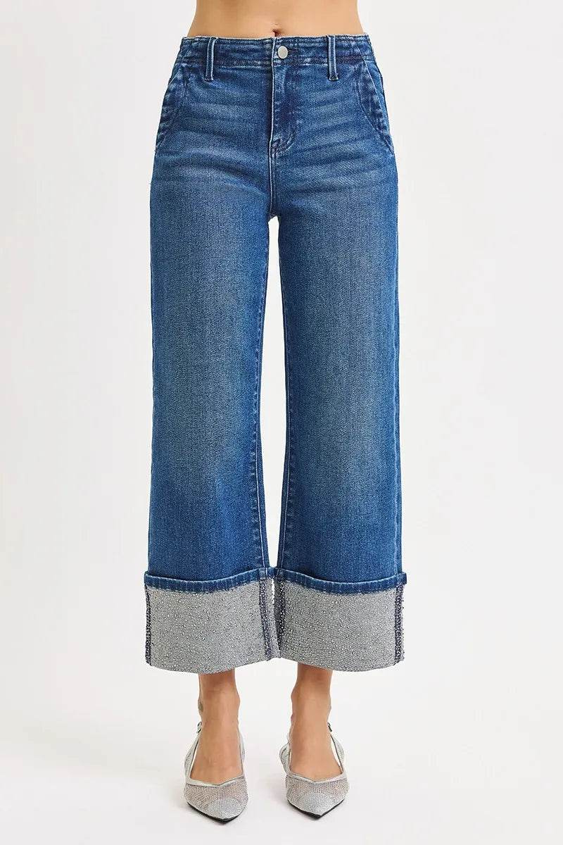 RISEN High Rise Ankle Wide Rhine Stone Cuffed Jeans - Fashions Envy