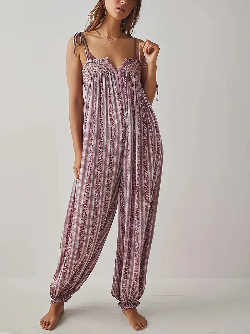 Sleeveless Flowy Vibrant Striped Jumpsuit with Lace Trim