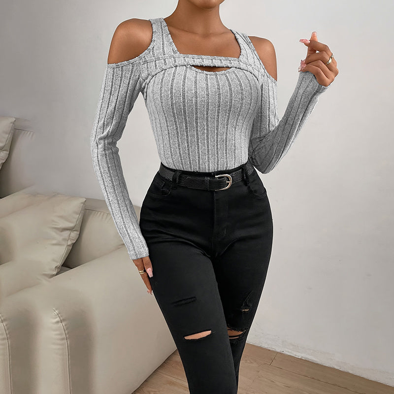 Cold Shoulder Ribbed Top - Cutout Long Sleeve Top