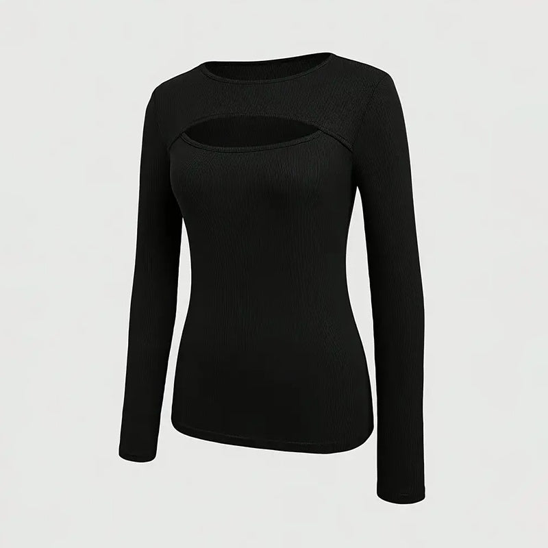 Long Sleeve Top - Ribbed Cut-Out Fitted Casual