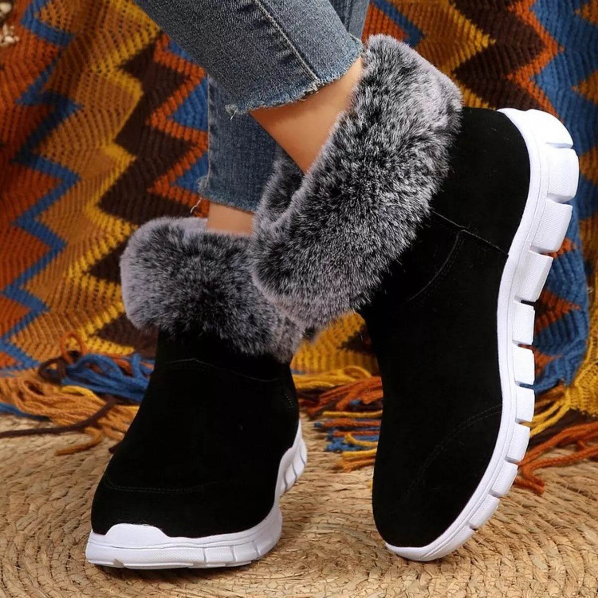 Side Zip Faux Fur Boots - Cozy Low Heel Winter Boots - Fashions Envy