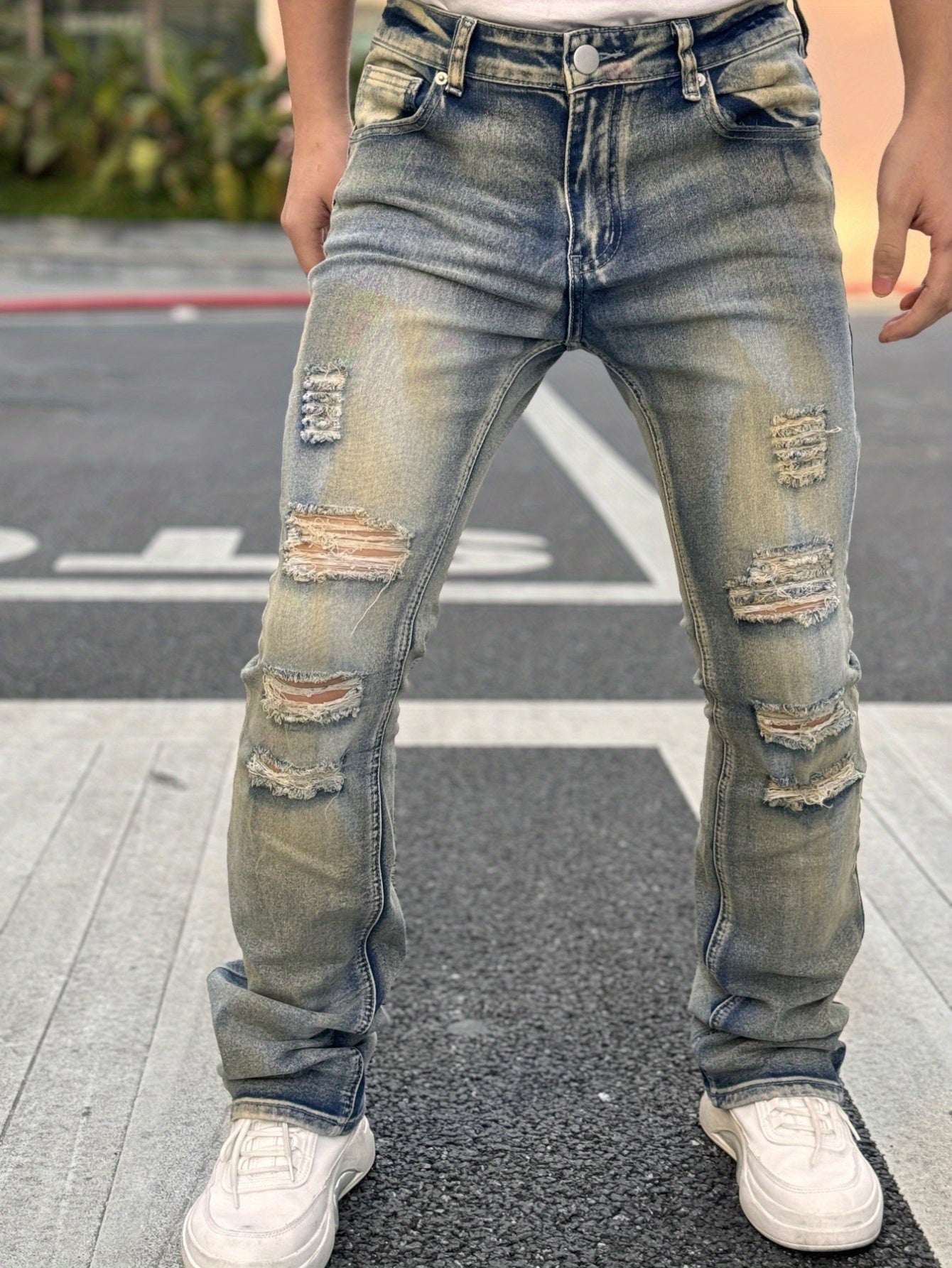 Ombre Pattern Ripped Fashion Stretch Jeans