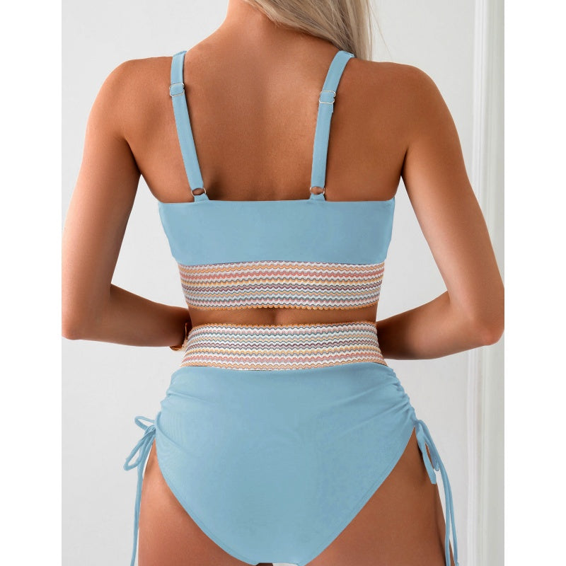 Women's High Waisted Bikini Sets - Two Piece Tummy Control Color Block Swimsuit