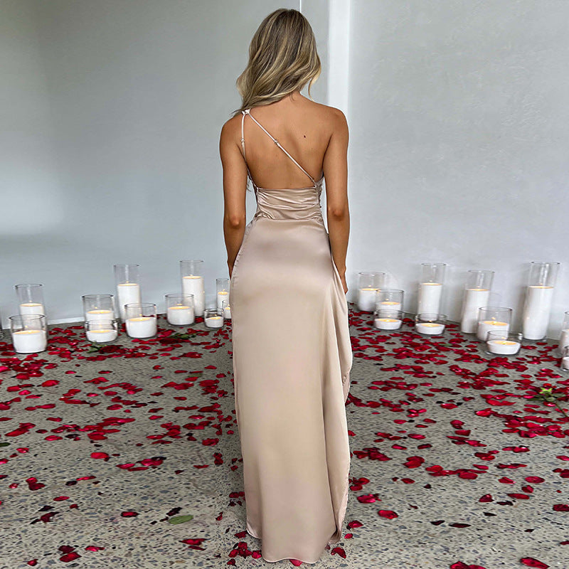 Sexy One-shoulder Slim-fit Backless Slit Satin Dress