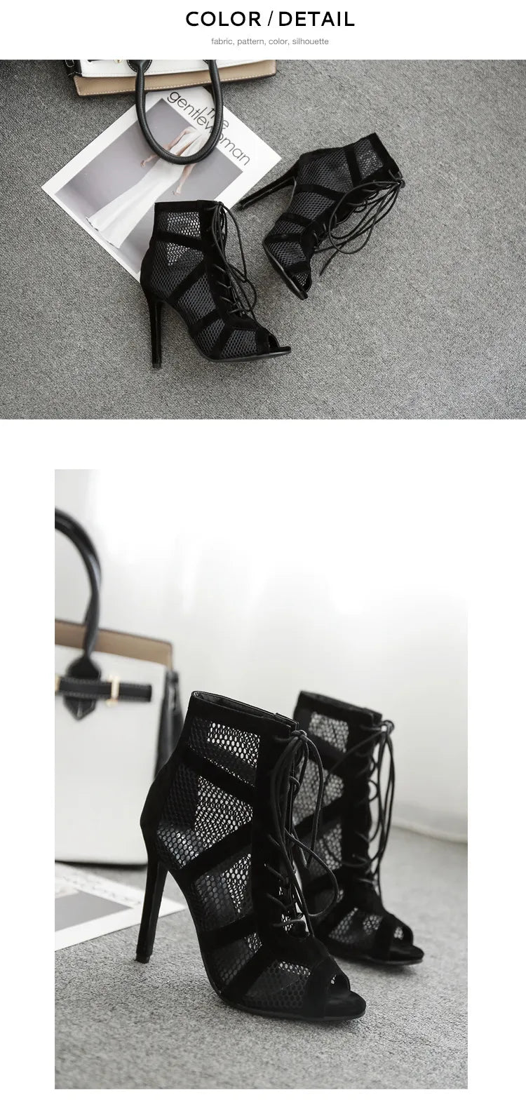 Black Mesh Lace-Up Heels - Sexy Ankle Boot Style