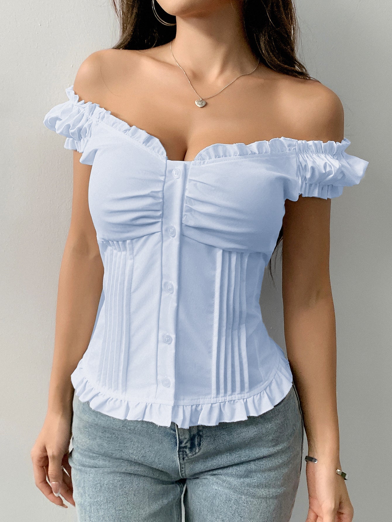 Off-Shoulder Ruffle Top - Button-Front Pleated Blouse
