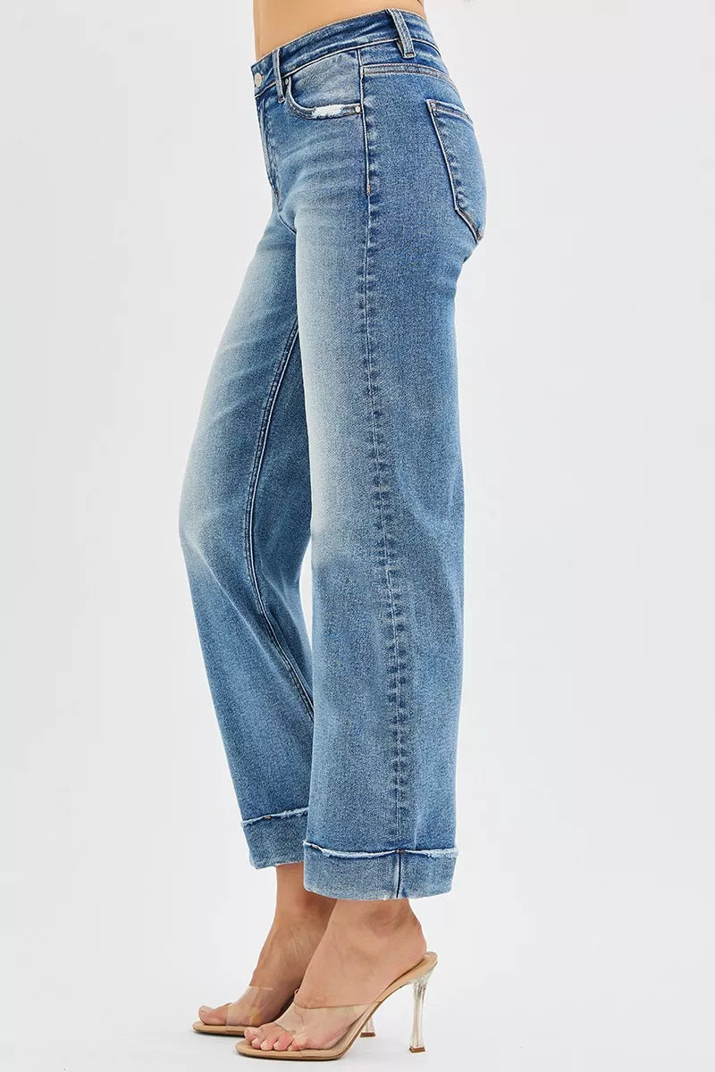 RISEN Crop Straight Jeans - Mid Rise Cuffed Hem - Fashions Envy