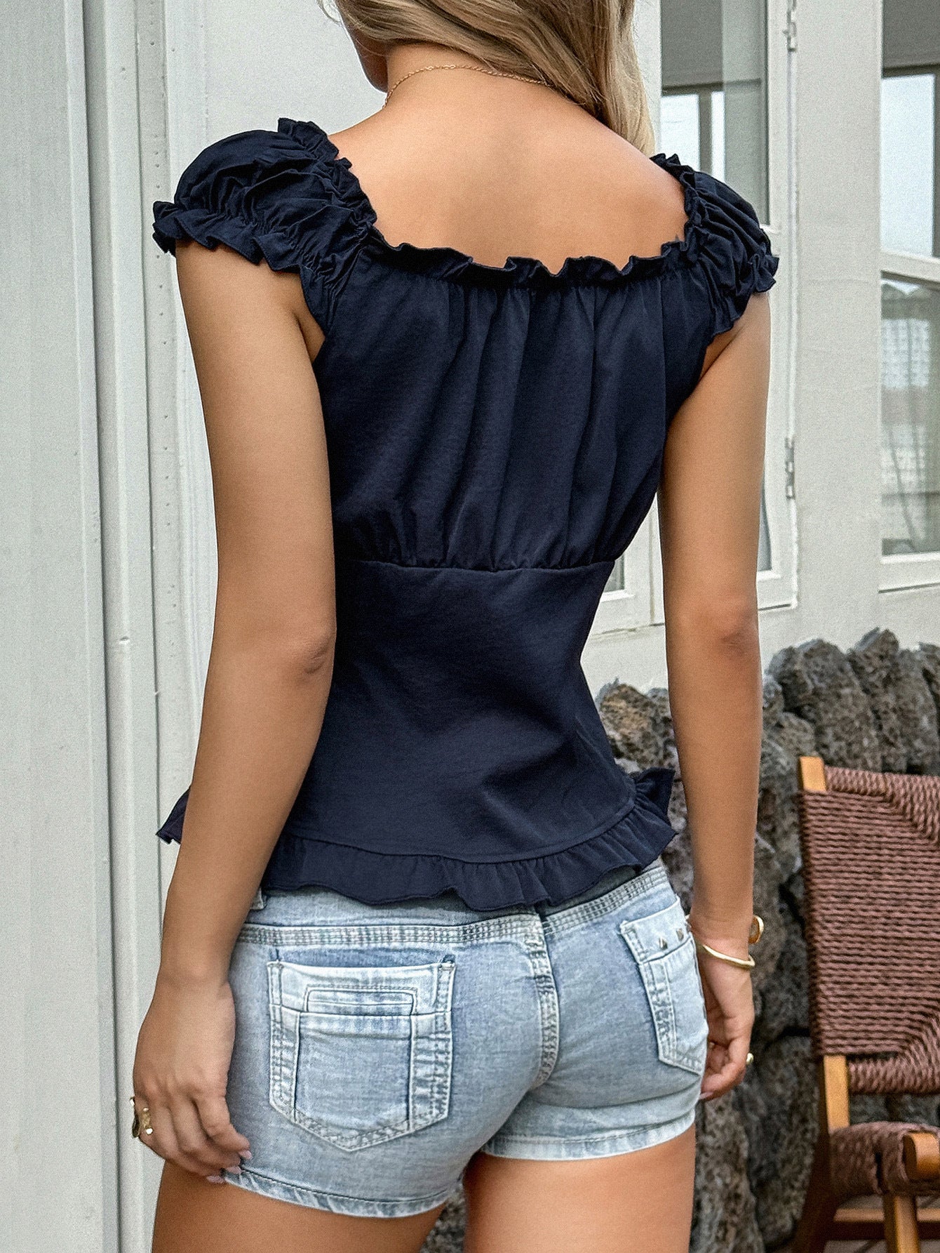 Off-Shoulder Ruffle Top - Button-Front Pleated Blouse