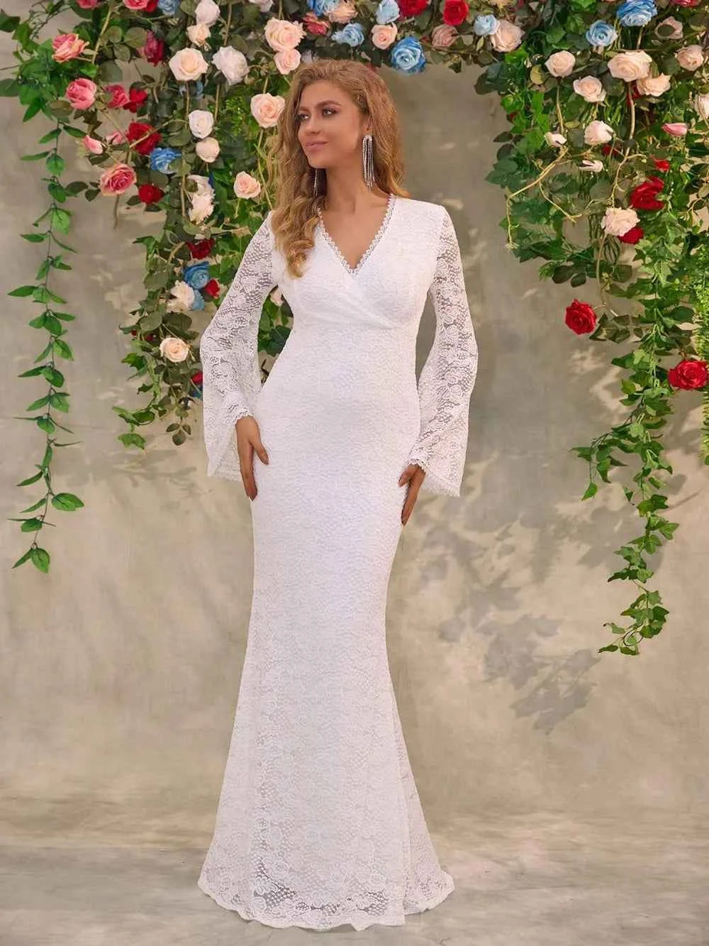White Lace Flare Sleeve Maxi Dress - Surplice V-Neck Gown