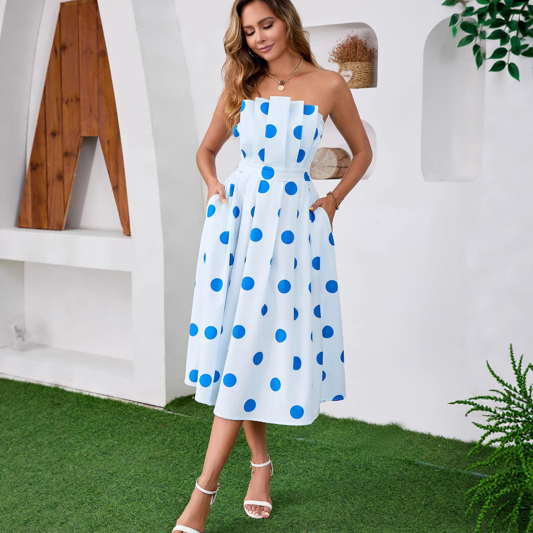 Polka Dot Midi Dress - Light Blue Strapless Tube Backless Pockets