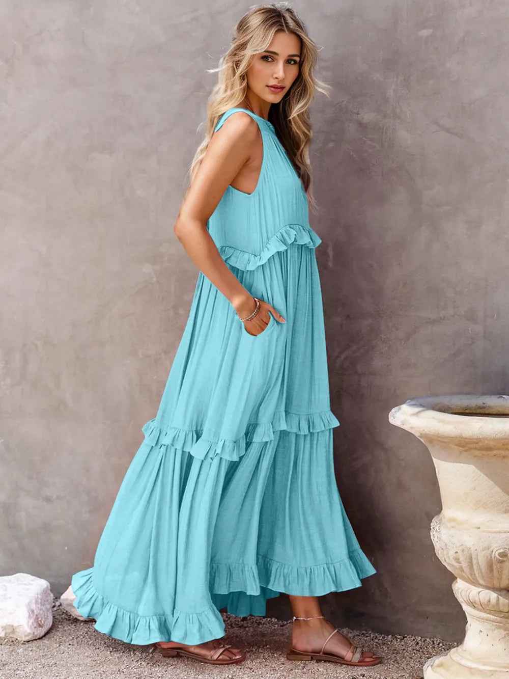 Smocked Tiered Ruffle Maxi Dress - Sleeveless with Pockets