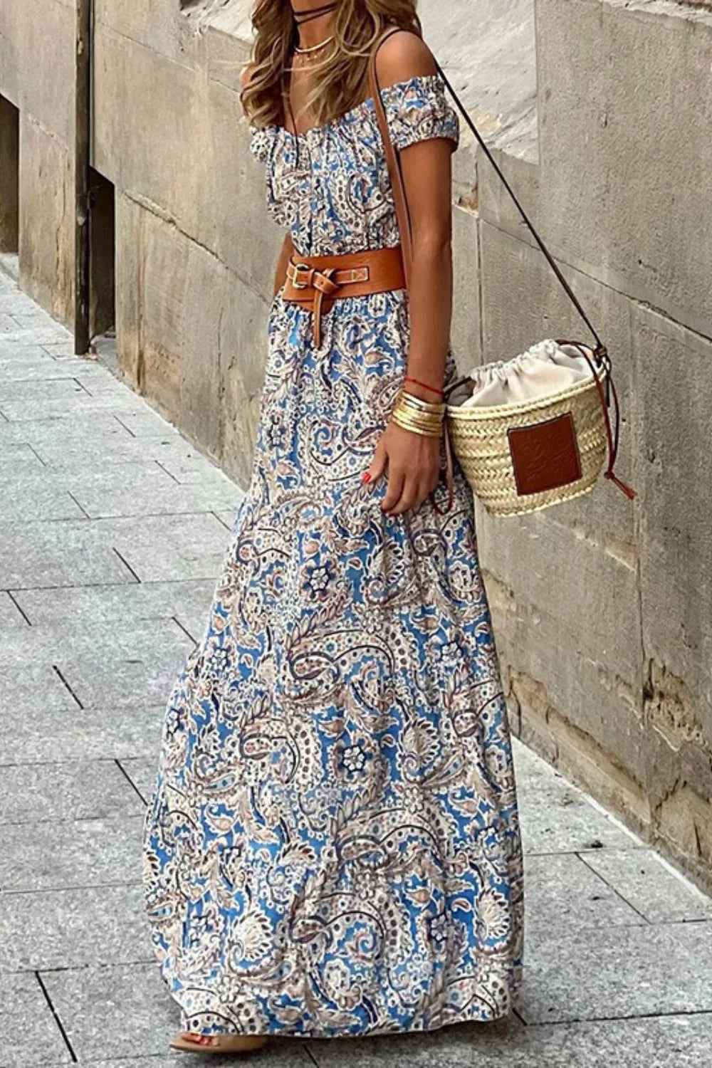 Floral Off-Shoulder Maxi Dress - Short Sleeve Summer