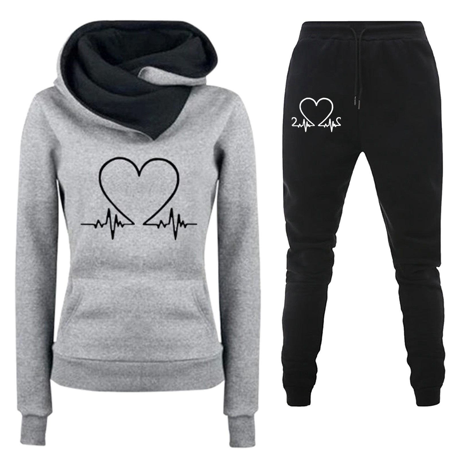 Hoodie Set - Heartbeat Print Two-Piece Outfit