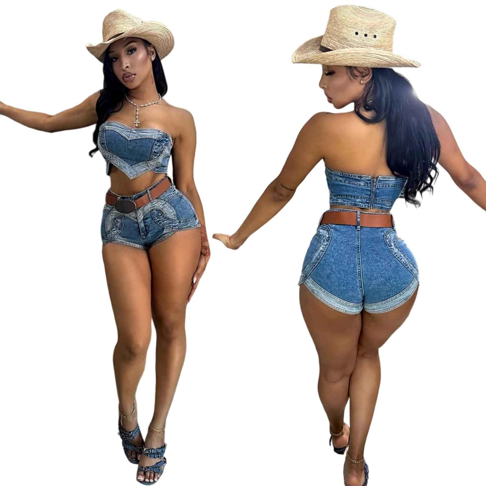 Sexy Heart-shaped Washed Denim Set - Western Style Outfit