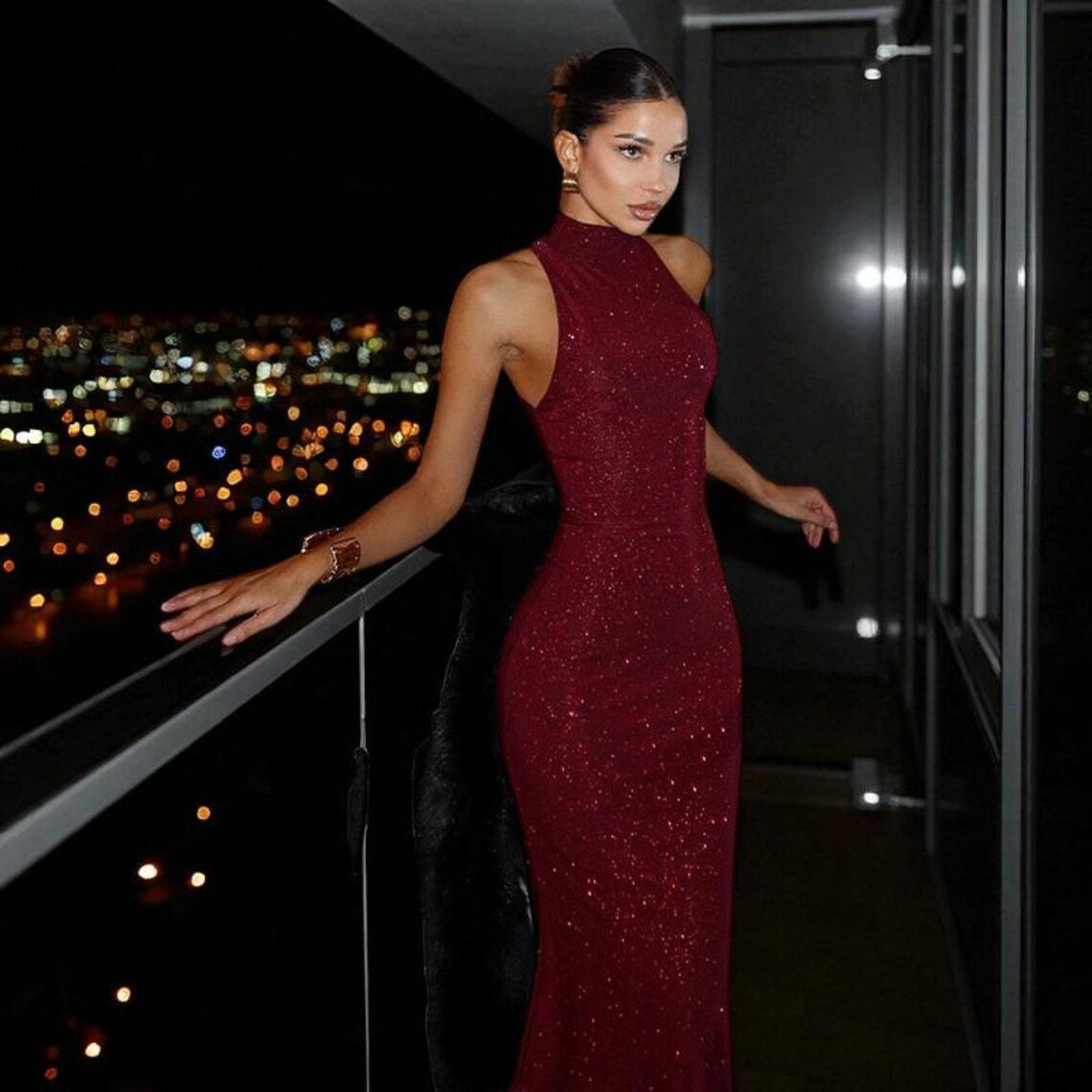 Mock Neck Sequin Prom Dress - Sleeveless Bodycon Gown