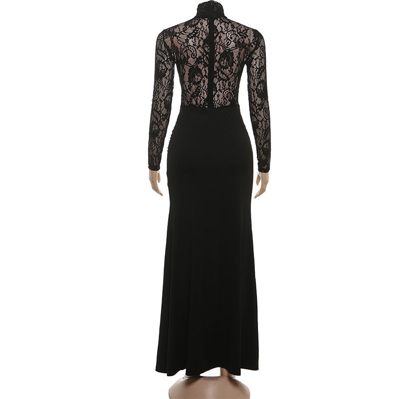 High Neck Lace Maxi Dress - Long Sleeve Black - Fashions Envy