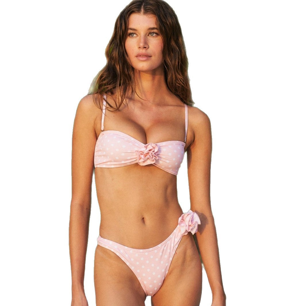 Polka Dot Triangle Bikini Set - Floral Tie String Two-Piece