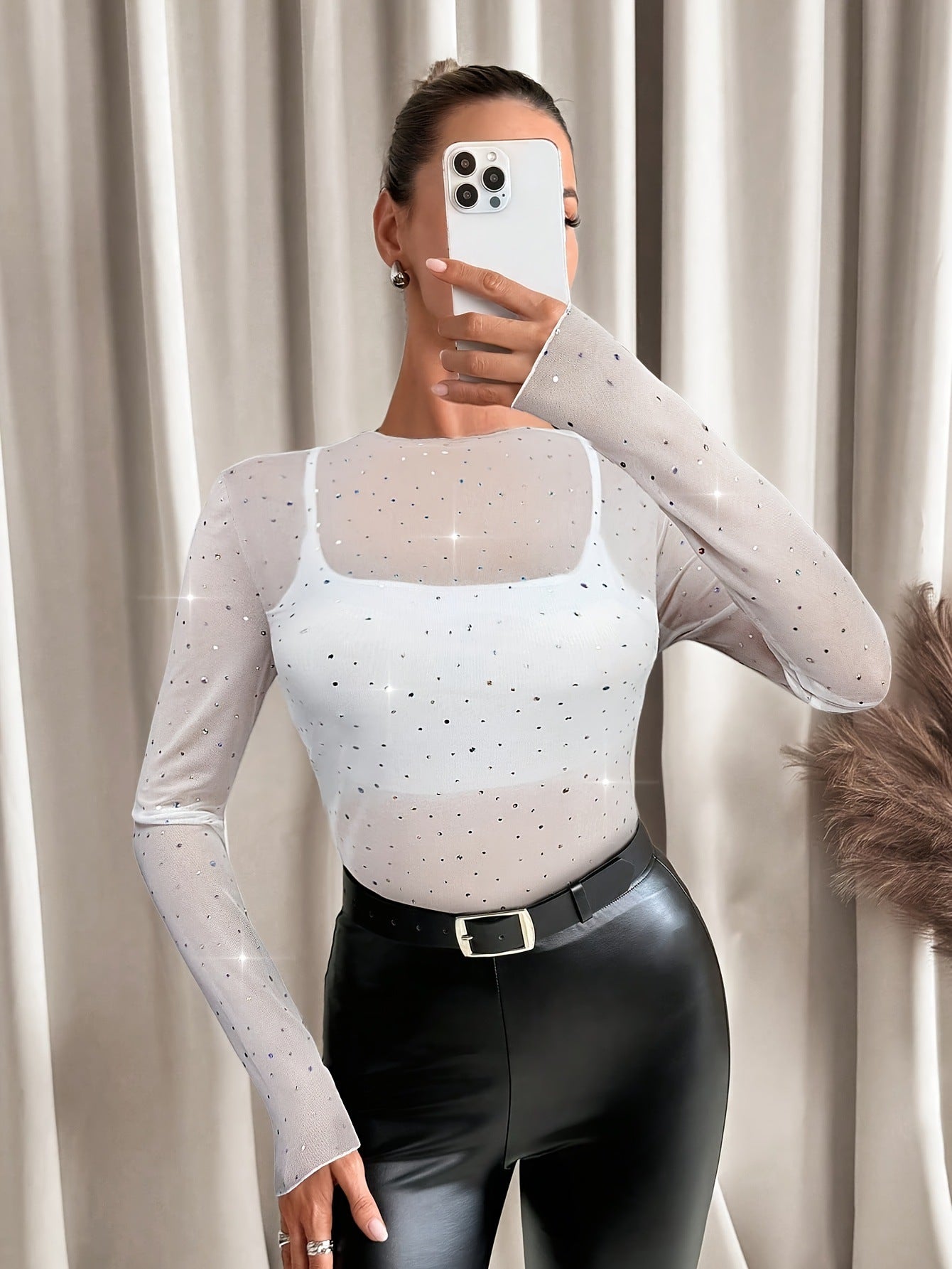 Transparent Mesh Top - Rhinestone Long Sleeve Stand Collar