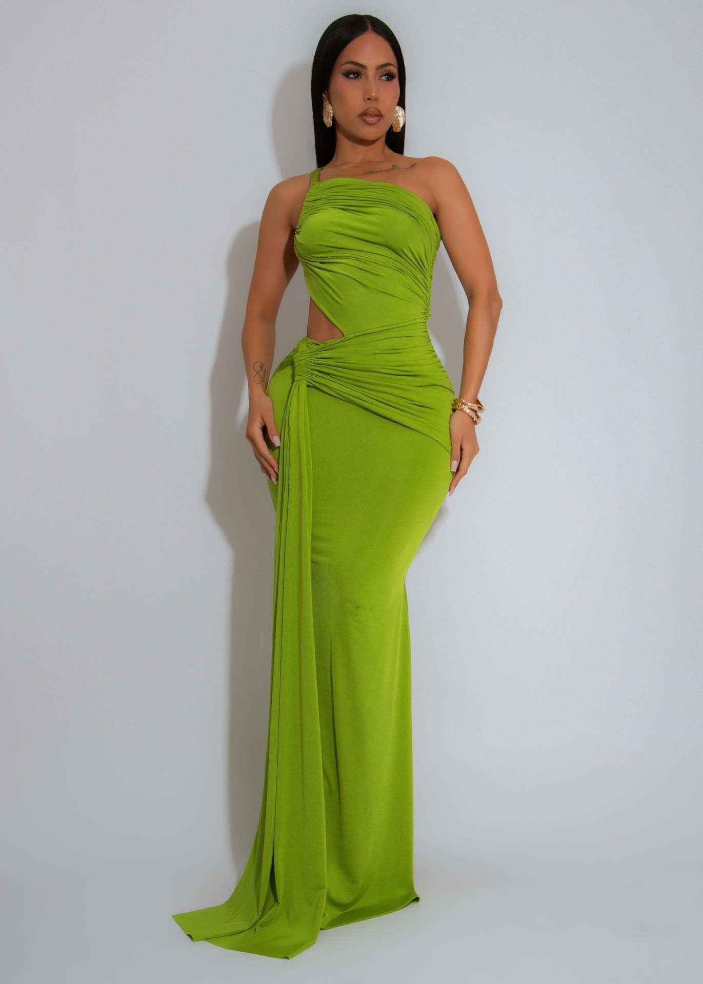One Shoulder Cutout Maxi Dress - Pleated Bodycon Fit