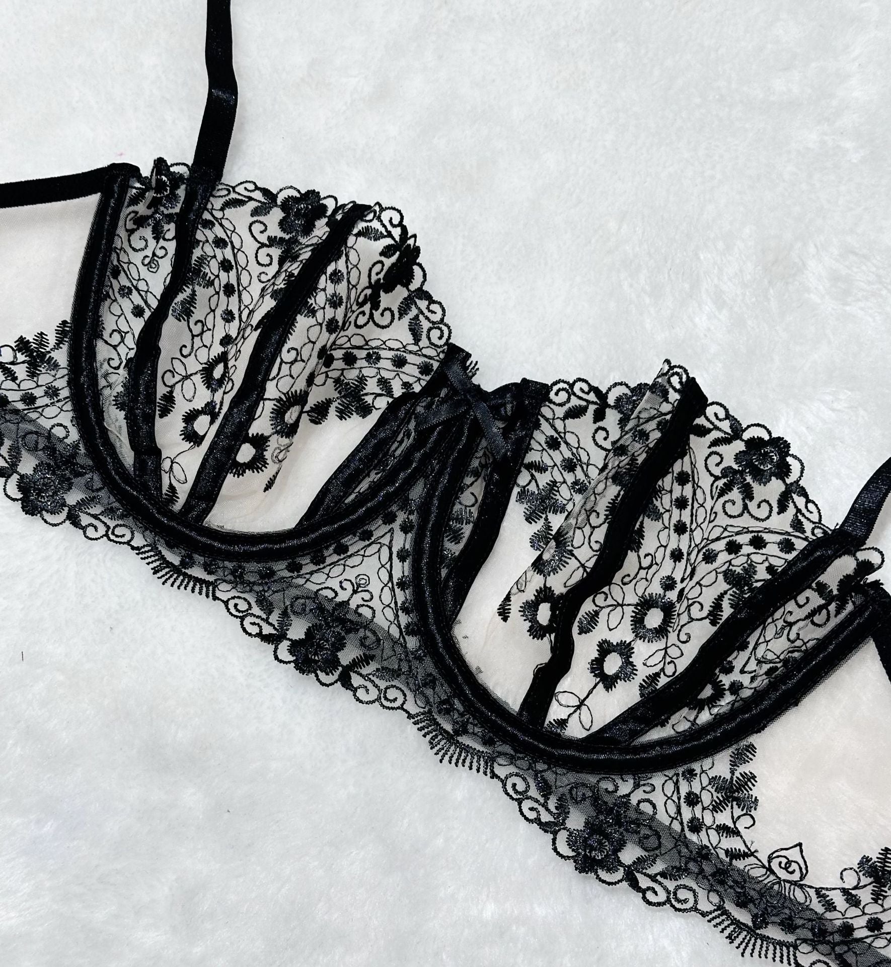 Floral Embroidery Mesh Lingerie Set - Sheer Patchwork - Fashions Envy