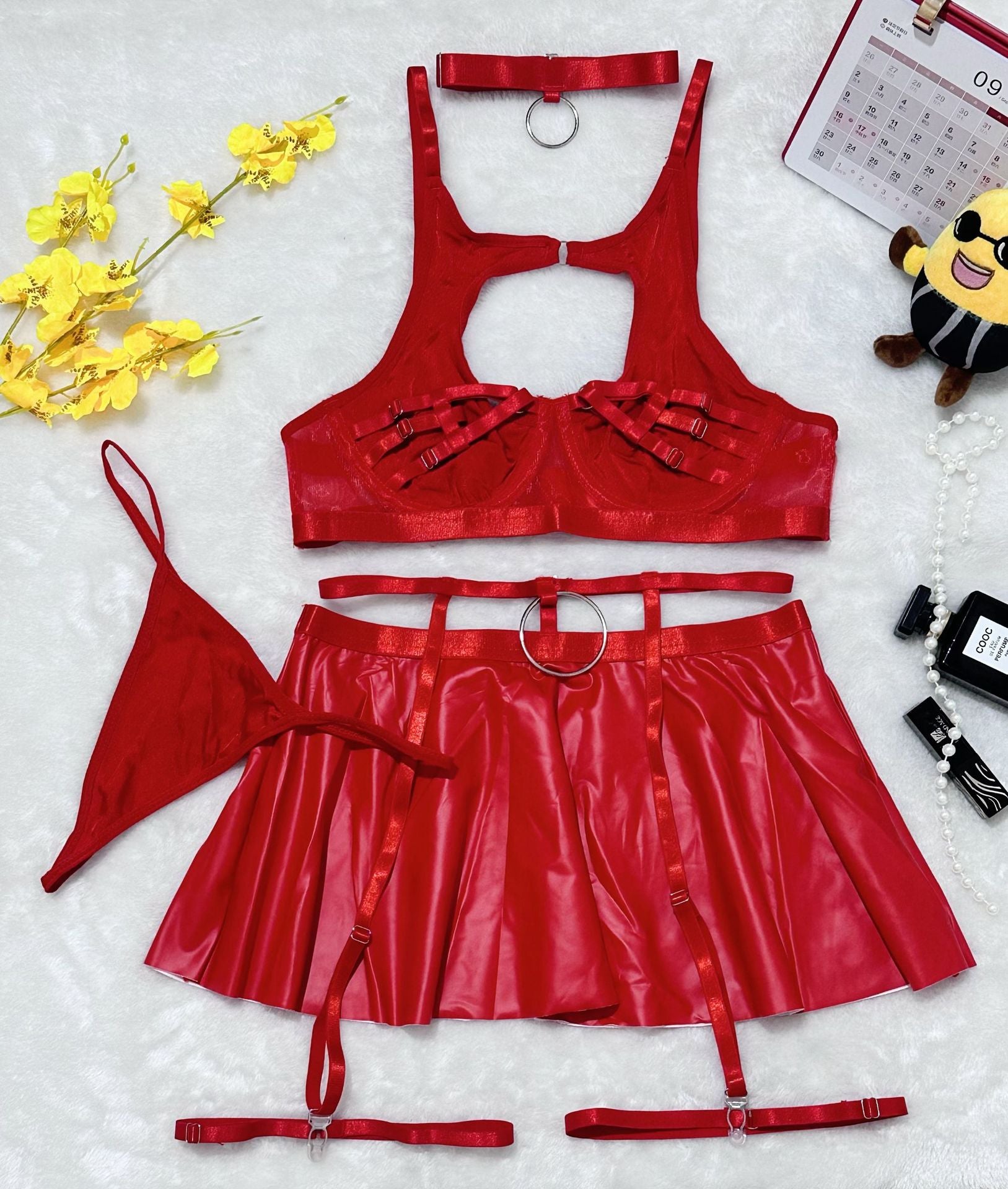 Lingerie Skirt Set - Lace Bra with Fishnet Stockings - Fashions Envy