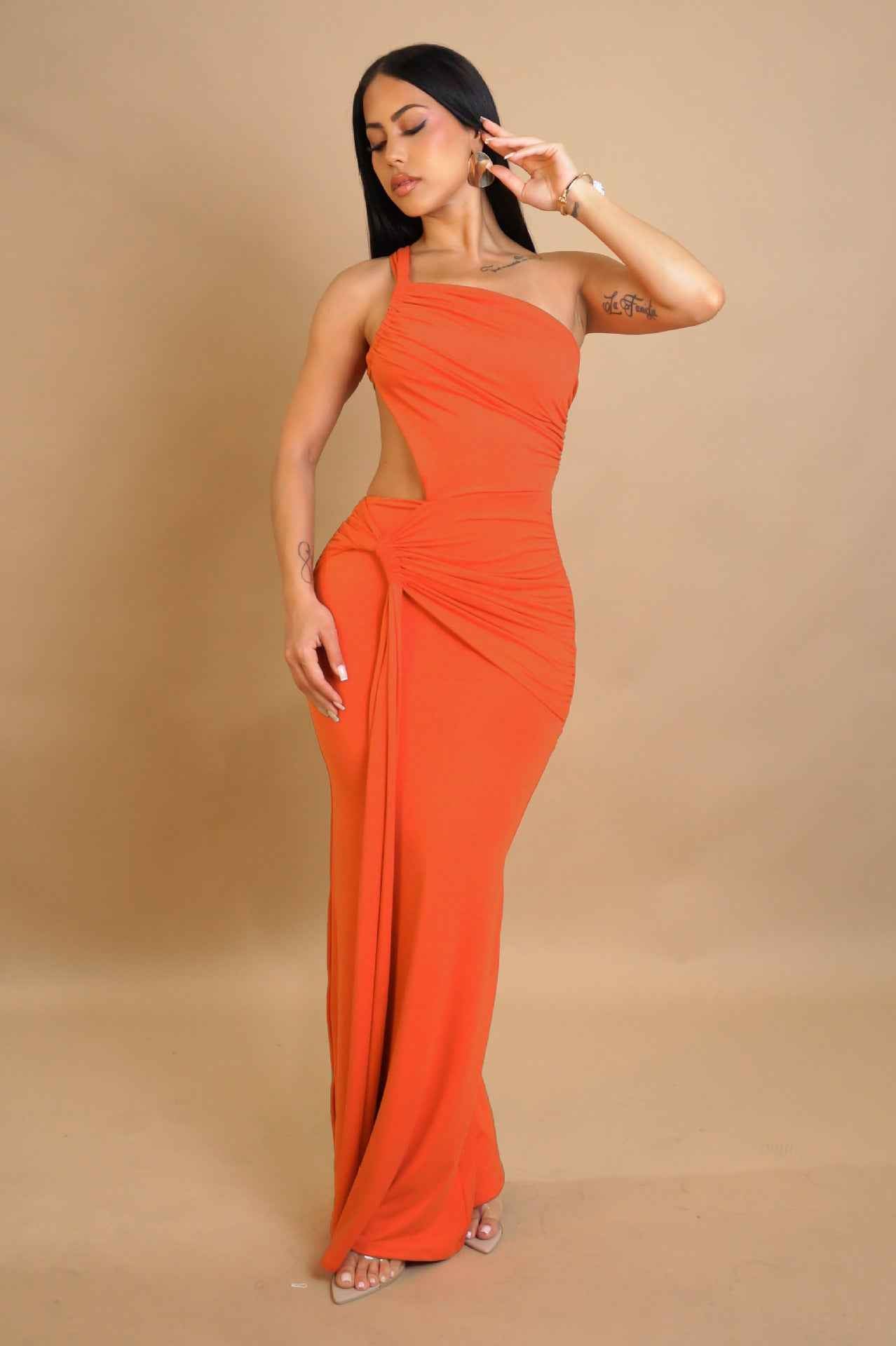 One Shoulder Cutout Maxi Dress - Pleated Bodycon Fit