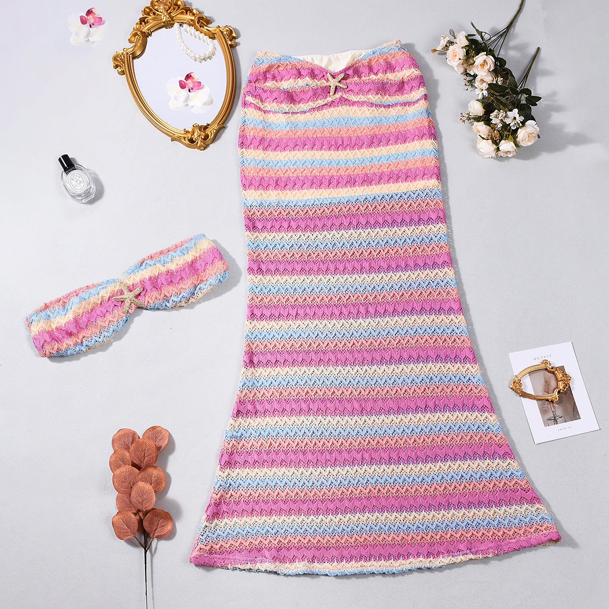 Pink Striped Two-Piece Set - Backless Tube Top Maxi Skirt