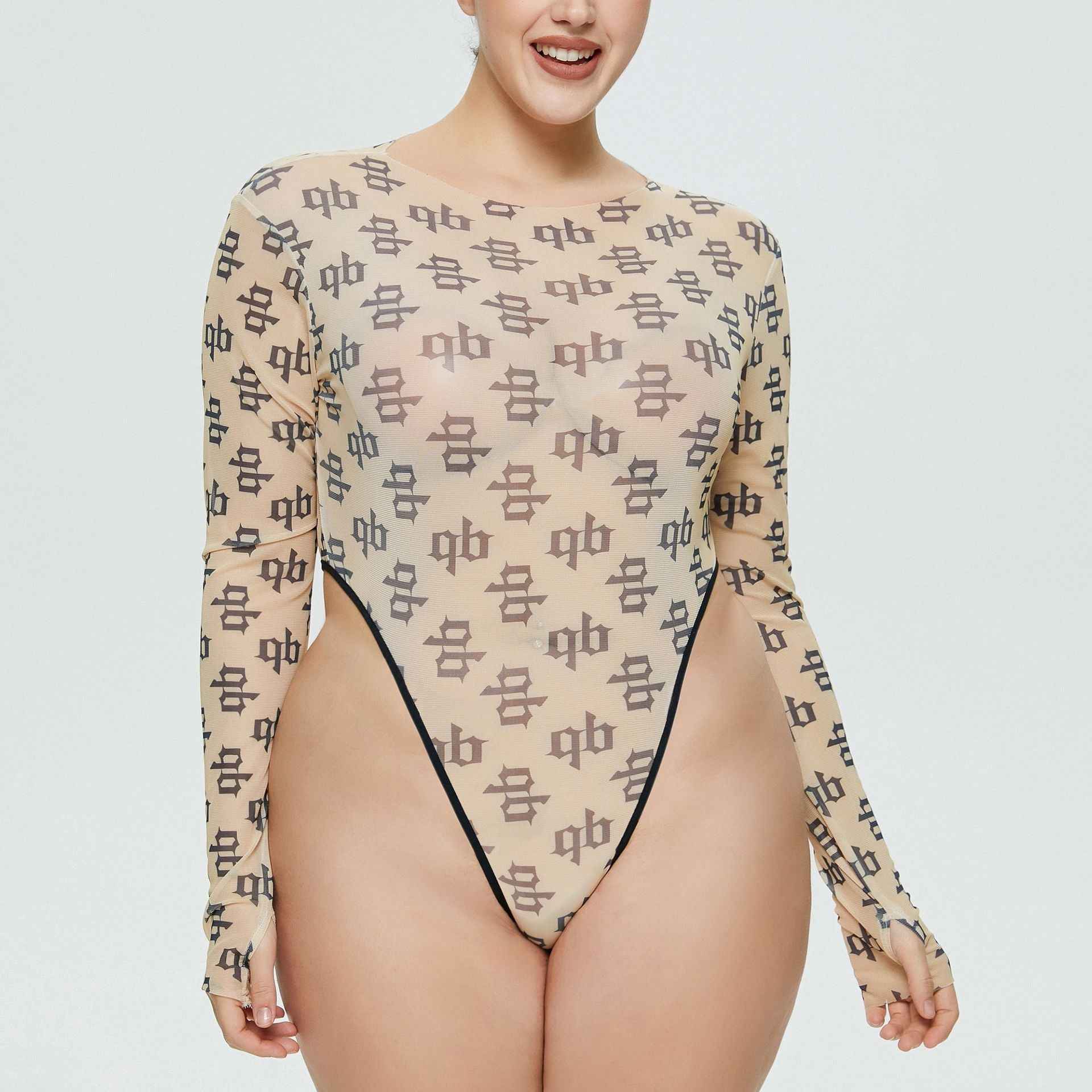 Printed Bodysuit Mesh Bodycon - Long Thumbhole Sleeves
