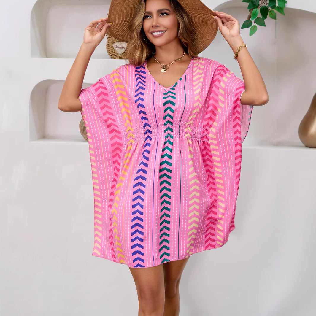 Printed Dress V-Neck Kaftan - Bohemian Vacation Style