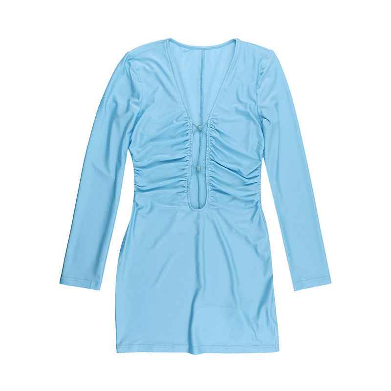 Deep V-neck Mini Dress - Hip Hugging Long Sleeve
