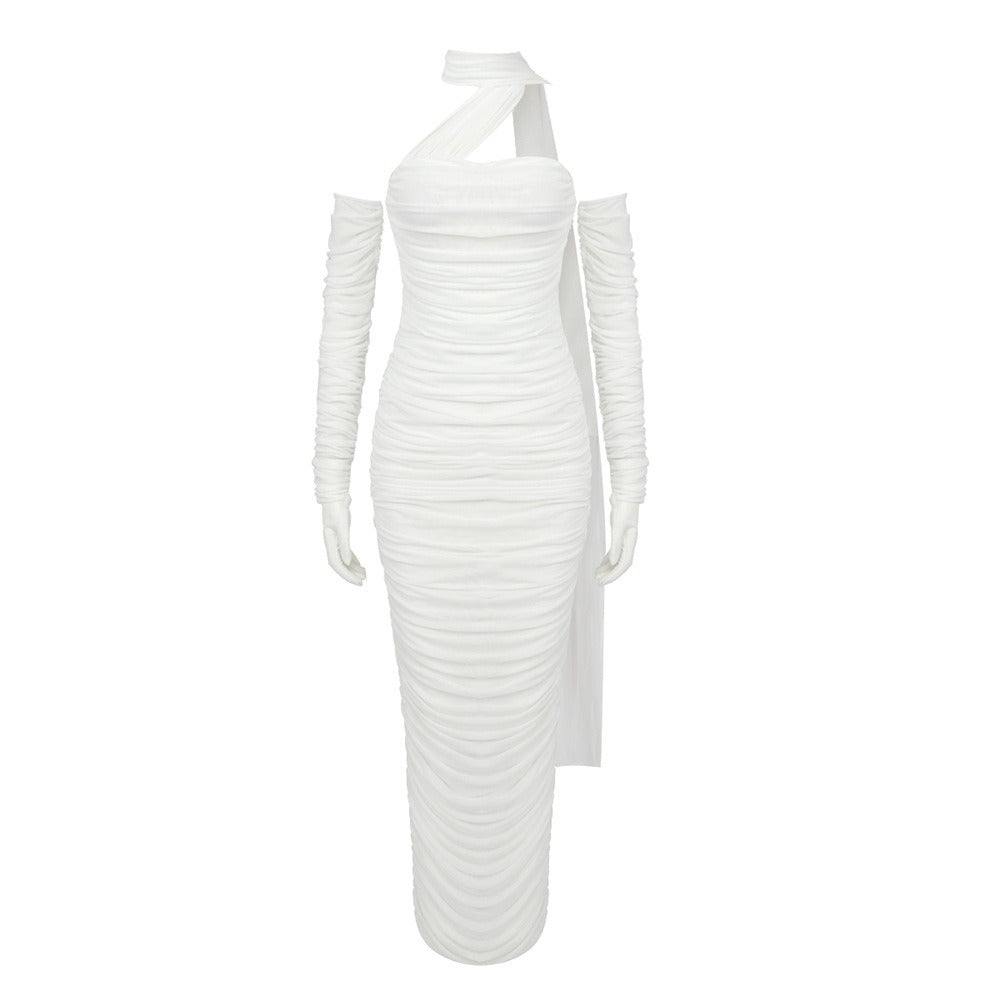 Sheer Mesh Backless Dress - White Halter Long Sleeve
