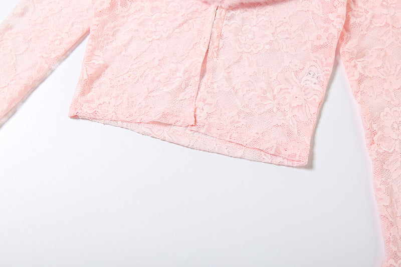 Lace Top and Pleated Skirt Set - Long Sleeve Two Piece - Fashions Envy