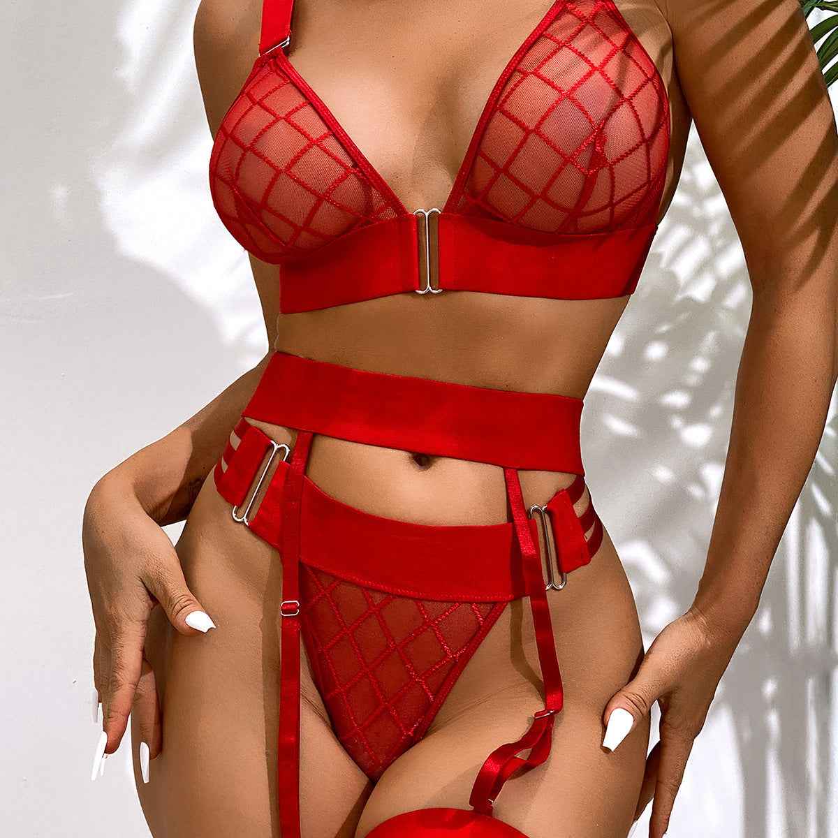 Three-Piece Bra Set - Sheer Mesh with Garter Belt