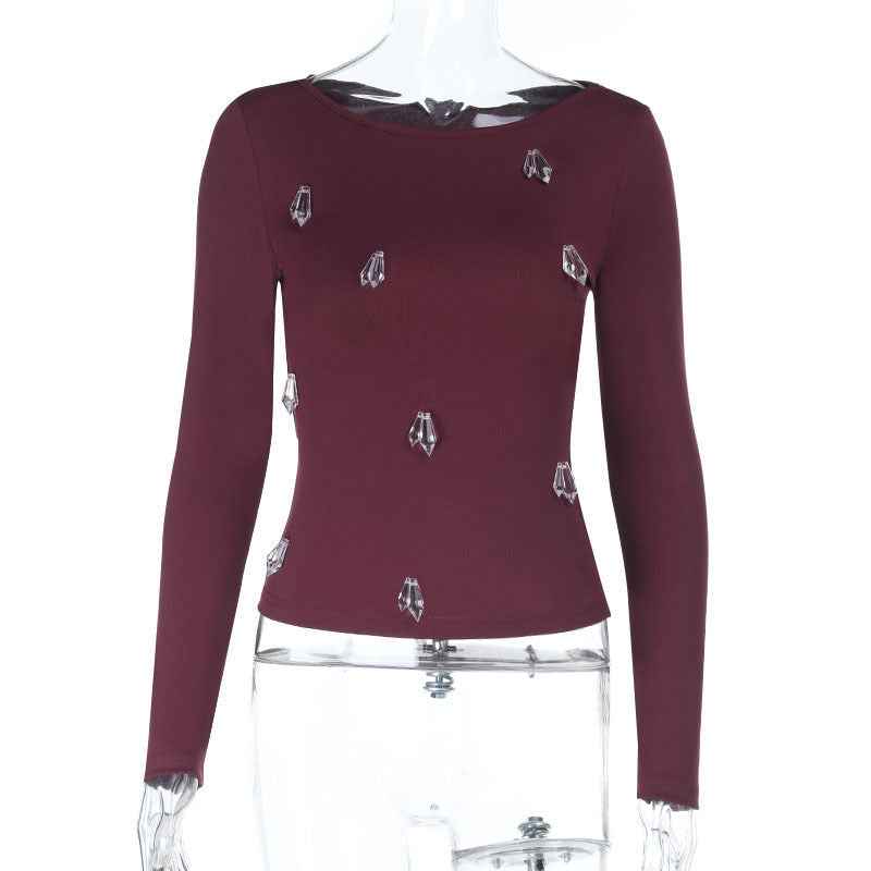 Rhinestone Long Sleeve Top - Burgundy Slim Fit Knit
