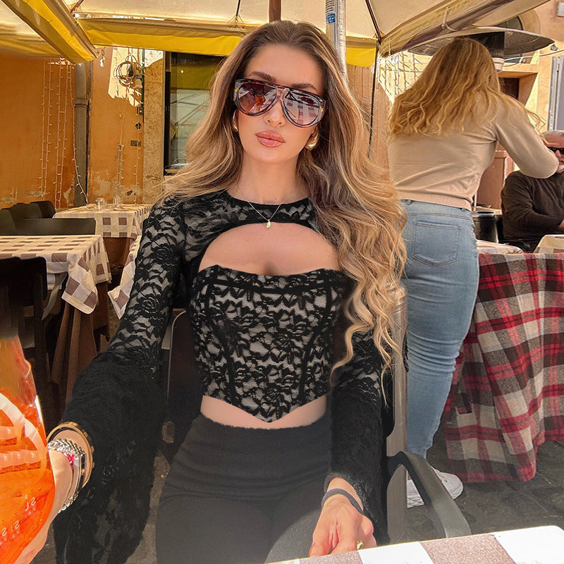 Off Shoulder Lace Top - Long Sleeve Hollow Waist - Fashions Envy