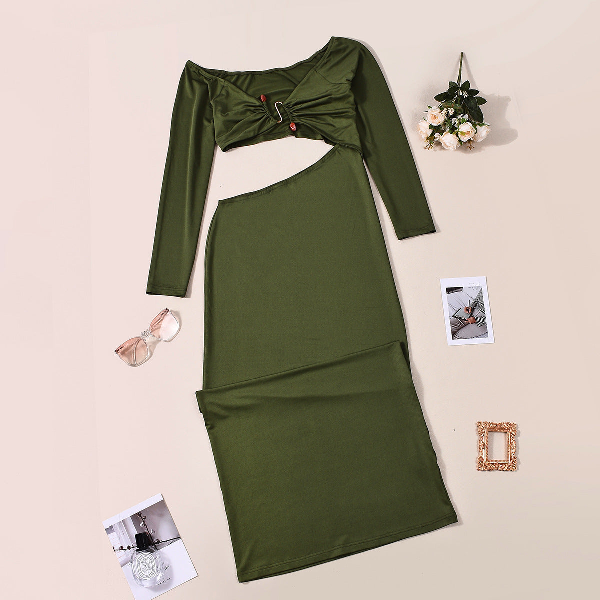Green Maxi Dress - V-Neck Long Sleeve Bodycon