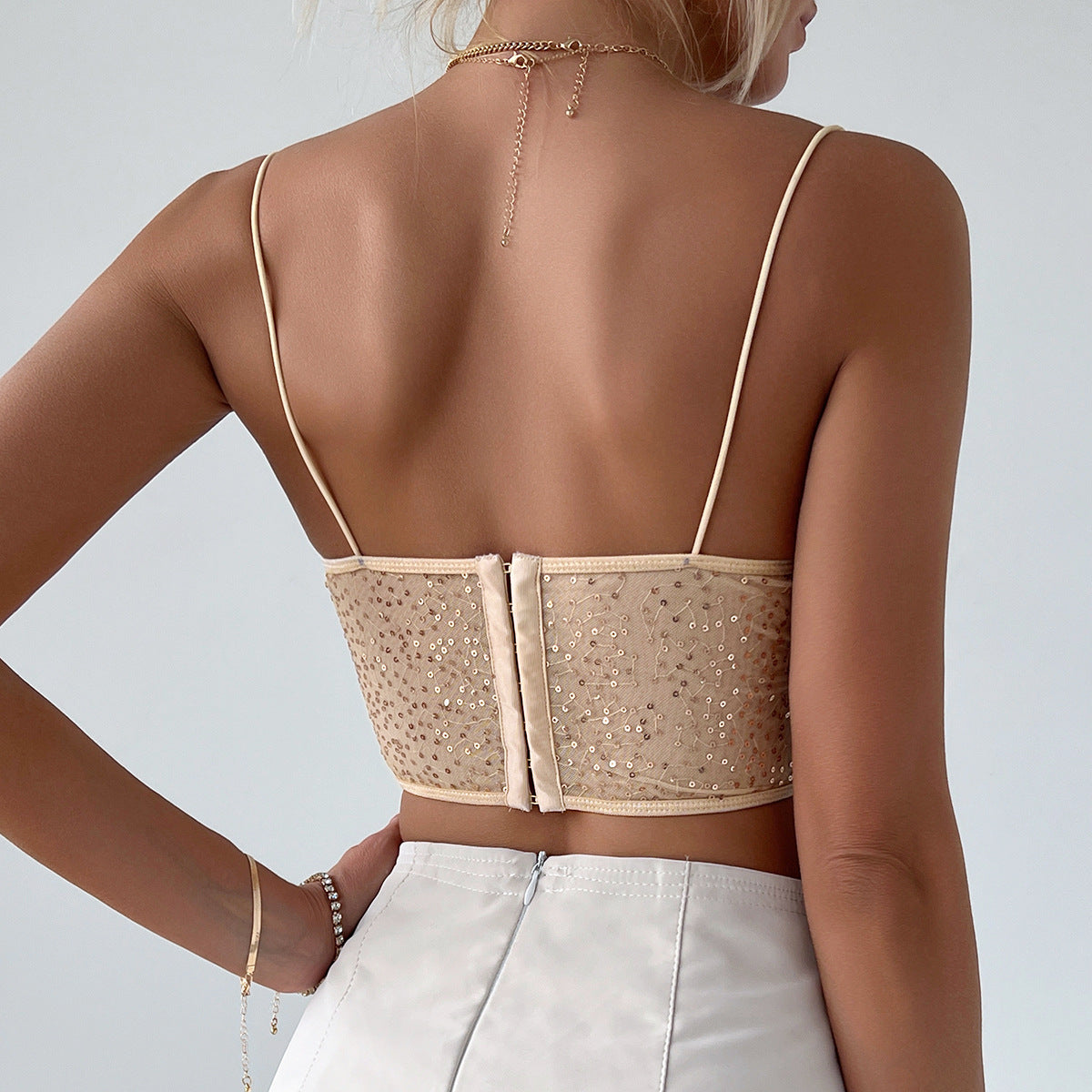 Mesh Sequin Camisole Tank Top - Thin Strap Slim Fit - Fashions Envy