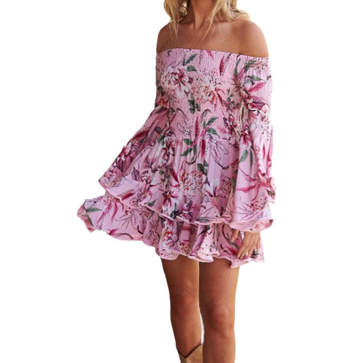 Off-Shoulder Floral Mini Dress - Flared Sleeve Ruffle
