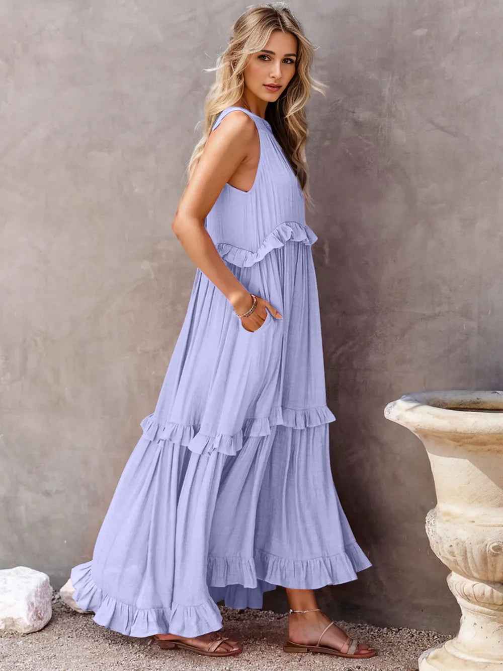 Smocked Tiered Ruffle Maxi Dress - Sleeveless with Pockets