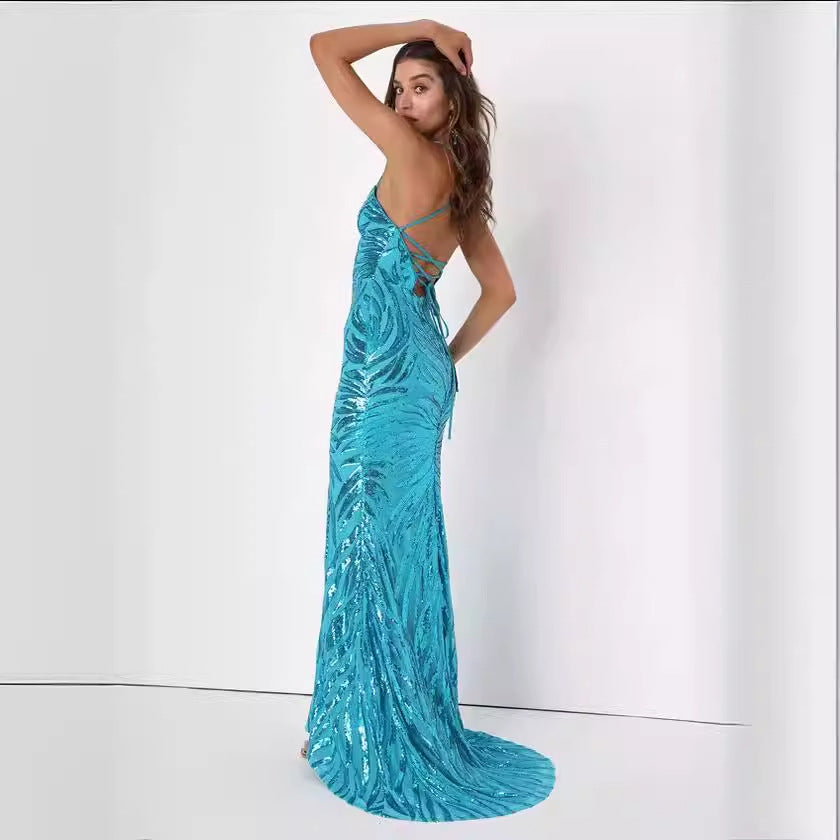 Spaghetti Strap Sequin Dress - Mermaid Maxi Party Gown