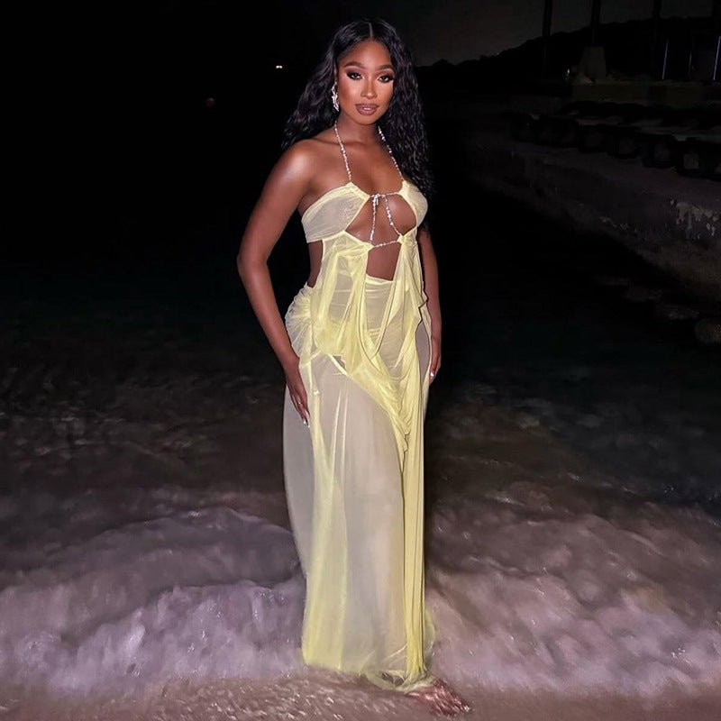 Sleeveless Cut-out Maxi Dress - Mesh Sheer Low-Cut Halter